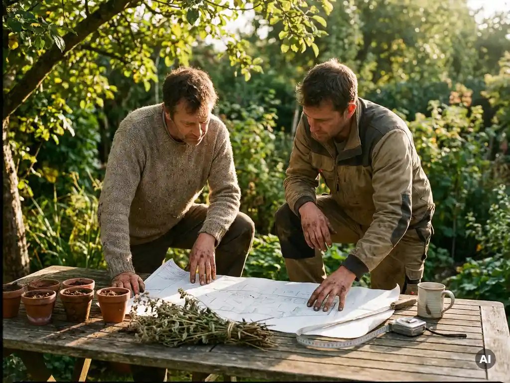 Tuineigenaar en hoveniersvakkundige bekijken samen een tuinontwerp op tafel, omringd door grondmonsters en plantenstekken in gouden avondlicht.