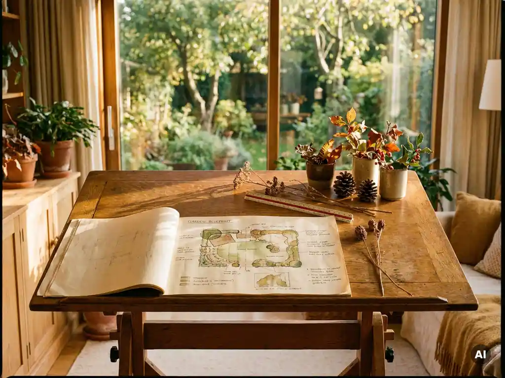 Houten tekentafel met handgetekend tuinontwerp, maatvoeringslineaal en plantenstalen, met een weelderige tuin zichtbaar door een zonnig raam.