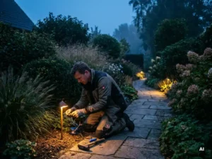 Tuinelektriciën installeert warm verlichte spotlamp langs kronkelend stenen pad in weelderige Nederlandse tuin bij schemering.