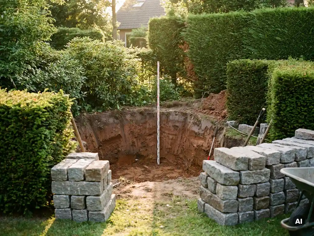 Uitgegraven tuinvijver in aanleg in Nederlandse tuin, met meetlat, gestapelde natuurstenen rand en gesnoeide hagen in middagzon.