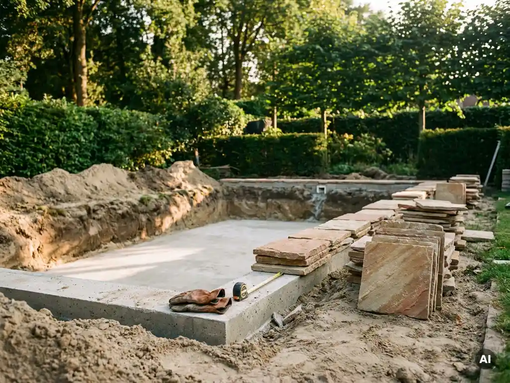 Tuinzwembad in aanleg met betonnen fundering en gestapelde natuurstenen tegels in Nederlandse achtertuin, leren handschoenen en meetlint op de rand.