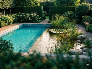 Turquoise zwembad naast een natuurlijk zwemvijver met waterplanten en stenen in een Nederlandse tuin, gouden middagzon op het water.