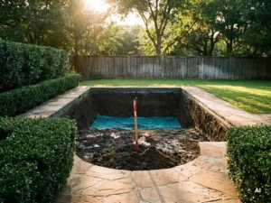 Nieuw aangelegde zwembad in Nederlandse tuin met natuurstenen bestrating, geschoren hagen en een landschapsmeetpaal in donkere grond.