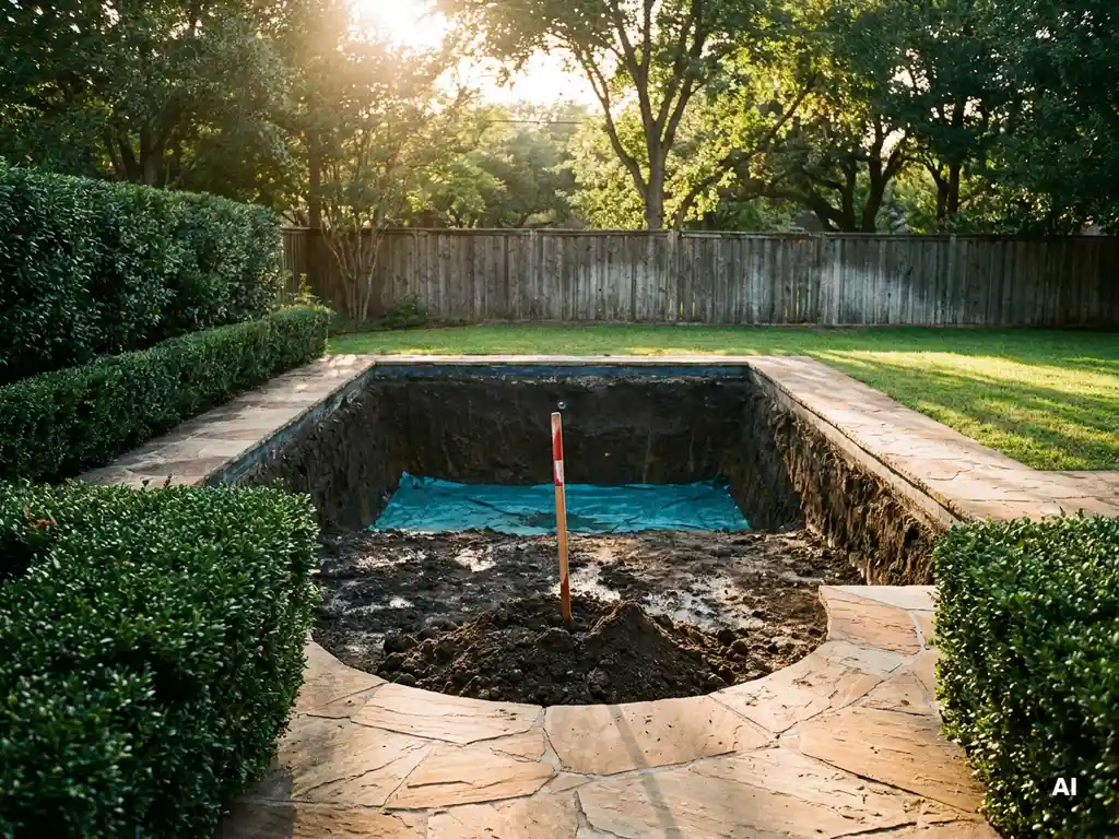 Nieuw aangelegde zwembad in Nederlandse tuin met natuurstenen bestrating, geschoren hagen en een landschapsmeetpaal in donkere grond.