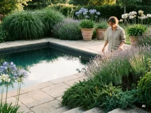 Weelderige zwembadtuin met siergrassen, lavendel en groenblijvende struiken langs een rechthoekig zwembad, terracotta potten met agapanthus, natuurstenen bestrating.