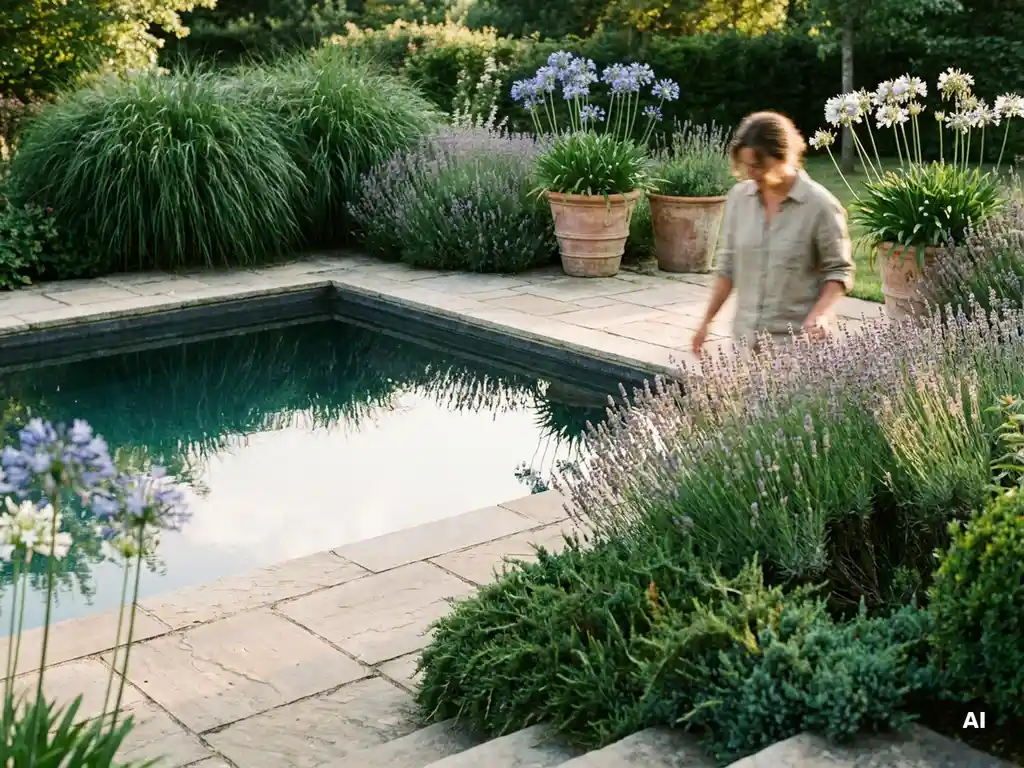 Weelderige zwembadtuin met siergrassen, lavendel en groenblijvende struiken langs een rechthoekig zwembad, terracotta potten met agapanthus, natuurstenen bestrating.