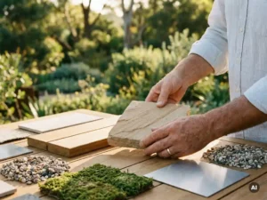 Landschapsarchitect vergelijkt natuurstenen plaat met teakhouten terrasmonster, omringd door grind- en mosstaaltjes in middaglicht.