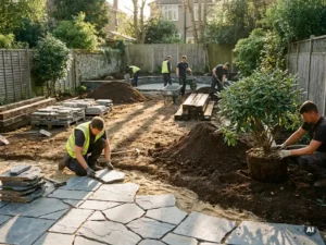 Tuinmannen leggen natuurstenen tegels en planten struiken in een tuin in aanleg, met verse aarde en terrasmateriaal in warm middaglicht.