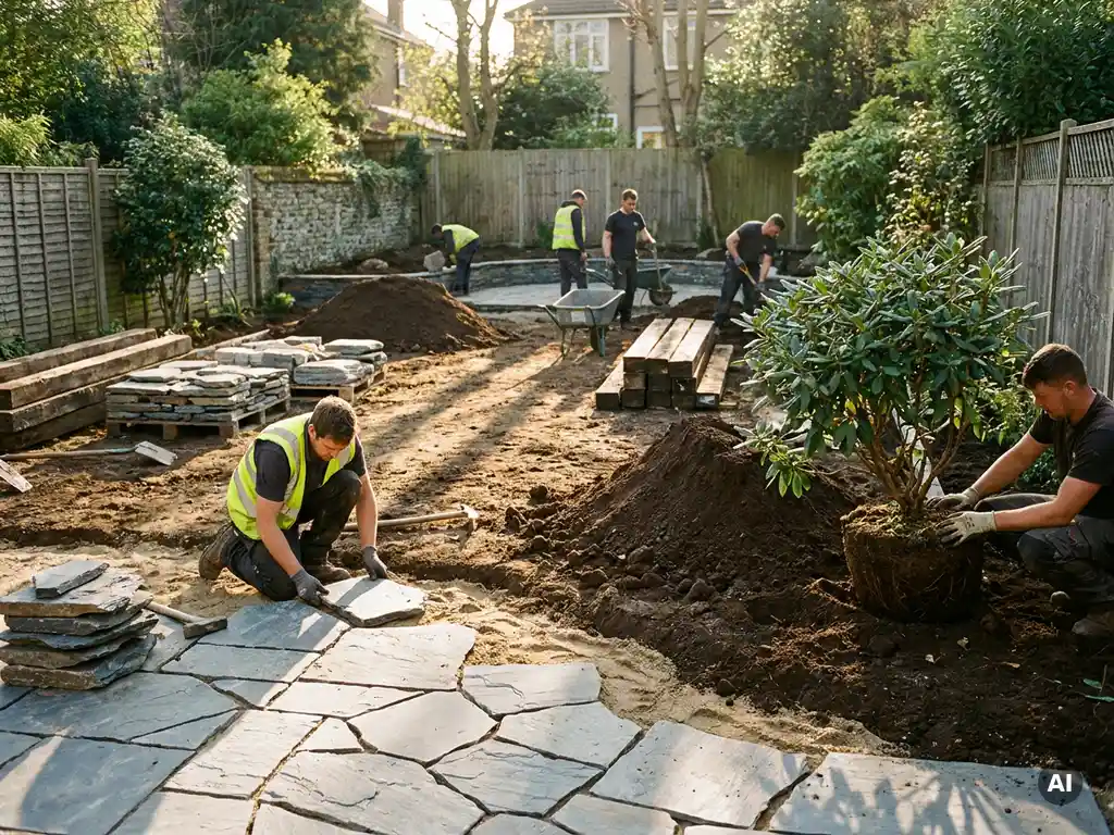 Tuinmannen leggen natuurstenen tegels en planten struiken in een tuin in aanleg, met verse aarde en terrasmateriaal in warm middaglicht.