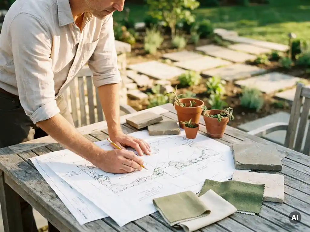 Landschapsarchitect bestudeert tuinblauwdrukken op houten tafel met staalkaarten, tegels en plantmonsters in warm middaglicht.
