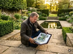 Landschapsarchitect bestudeert portfolioboek bij luxe tuin met stenen terrassen, geschulpte hagen en sierlijk ornamenteel vijver in goudkleurig middaglicht.