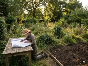 Landschapsarchitect knielt bij houten tuintafel met handgetekend tuinplan, omgeven door verwilderde tuin met vrijgemaakte borders in middagzon.
