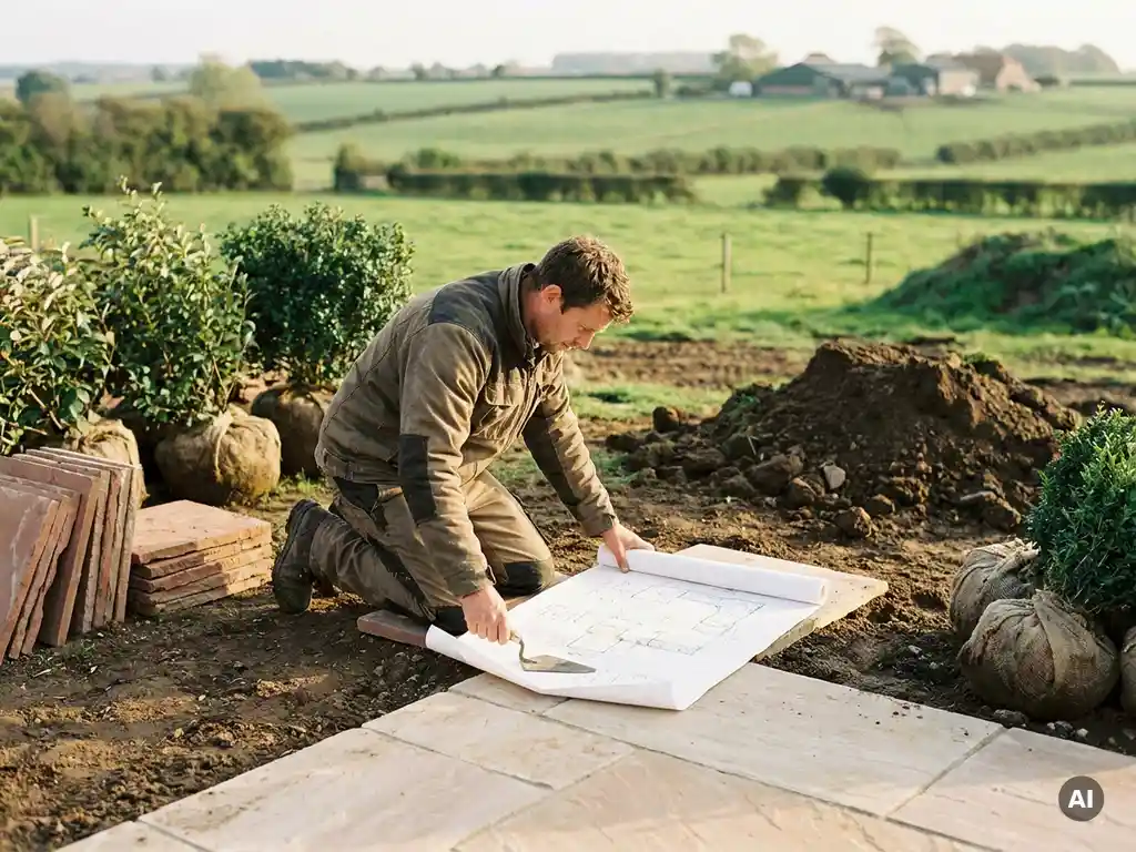 Vakman hurkt bij nieuw aangelegd natuurstenen terras en bestudeert tuinontwerp op de grond, omringd door stapels tegels en groen landschap.