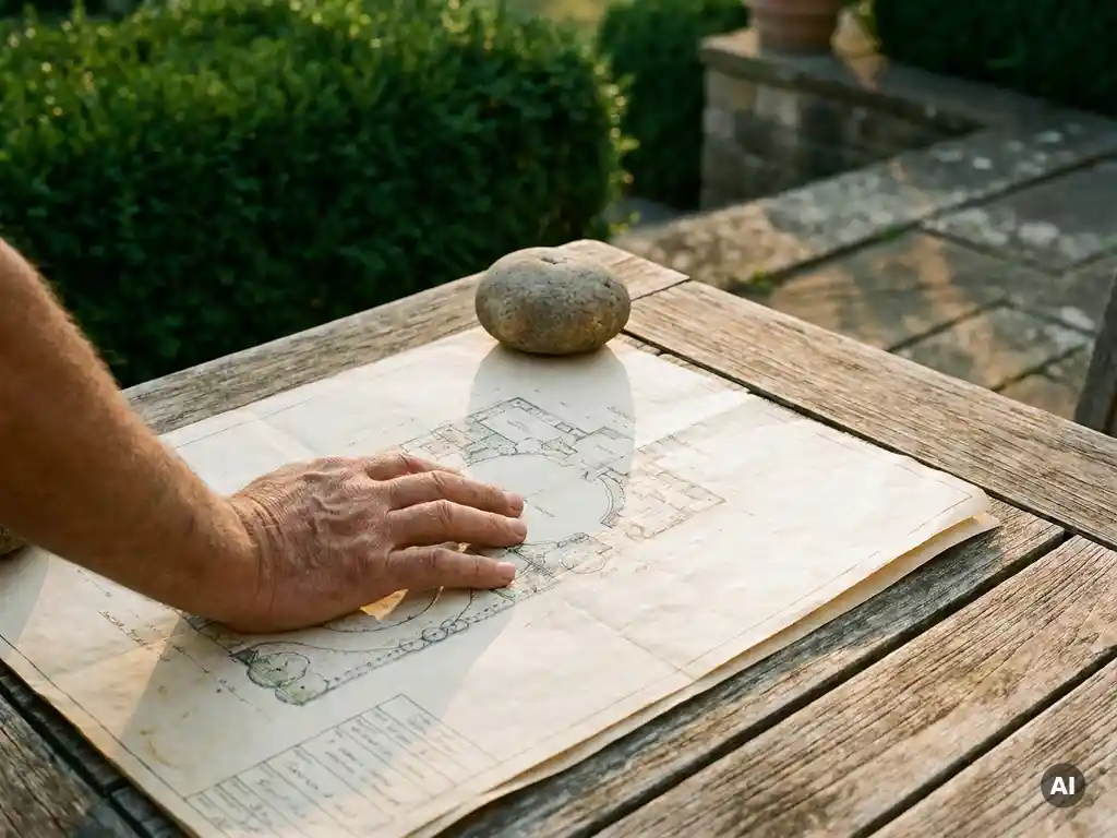 Landschapsarchitect drukt tuinblauwdruk plat op houten tafel met stenen presse-papier, terras en hagen op achtergrond.