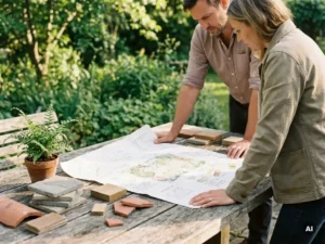 Landschapsarchitect en klant bestuderen een handgetekend tuinontwerp op een verweerde houten tafel met materiaalstalen en een potplant.