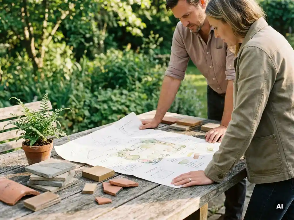 Landschapsarchitect en klant bestuderen een handgetekend tuinontwerp op een verweerde houten tafel met materiaalstalen en een potplant.