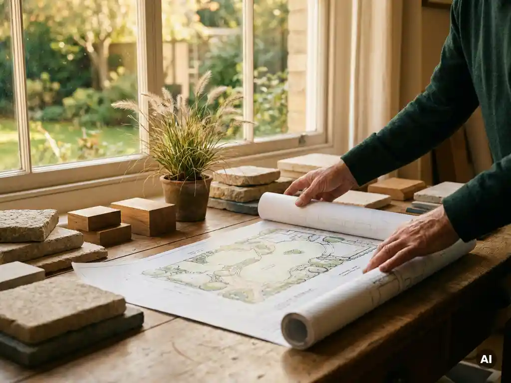 Landschapsarchitect rolt tuinontwerp uit op eikenhouten tafel met staalkaarten van steen, hout en siergras, groene tuin op achtergrond.