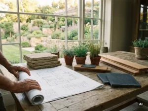 Landschapsarchitect rolt tuinontwerp uit op eiken tafel, omringd door staalkaarten van natuursteen, hout en siergras, luxe tuin op achtergrond.