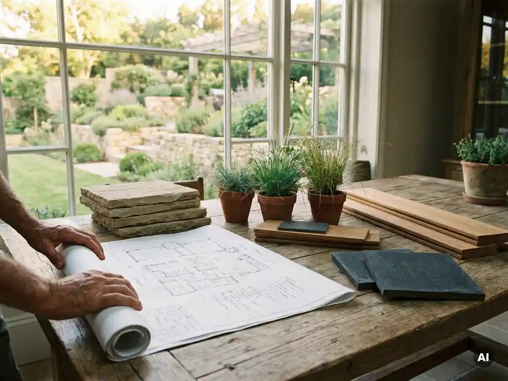 Landschapsarchitect rolt tuinontwerp uit op eiken tafel, omringd door staalkaarten van natuursteen, hout en siergras, luxe tuin op achtergrond.